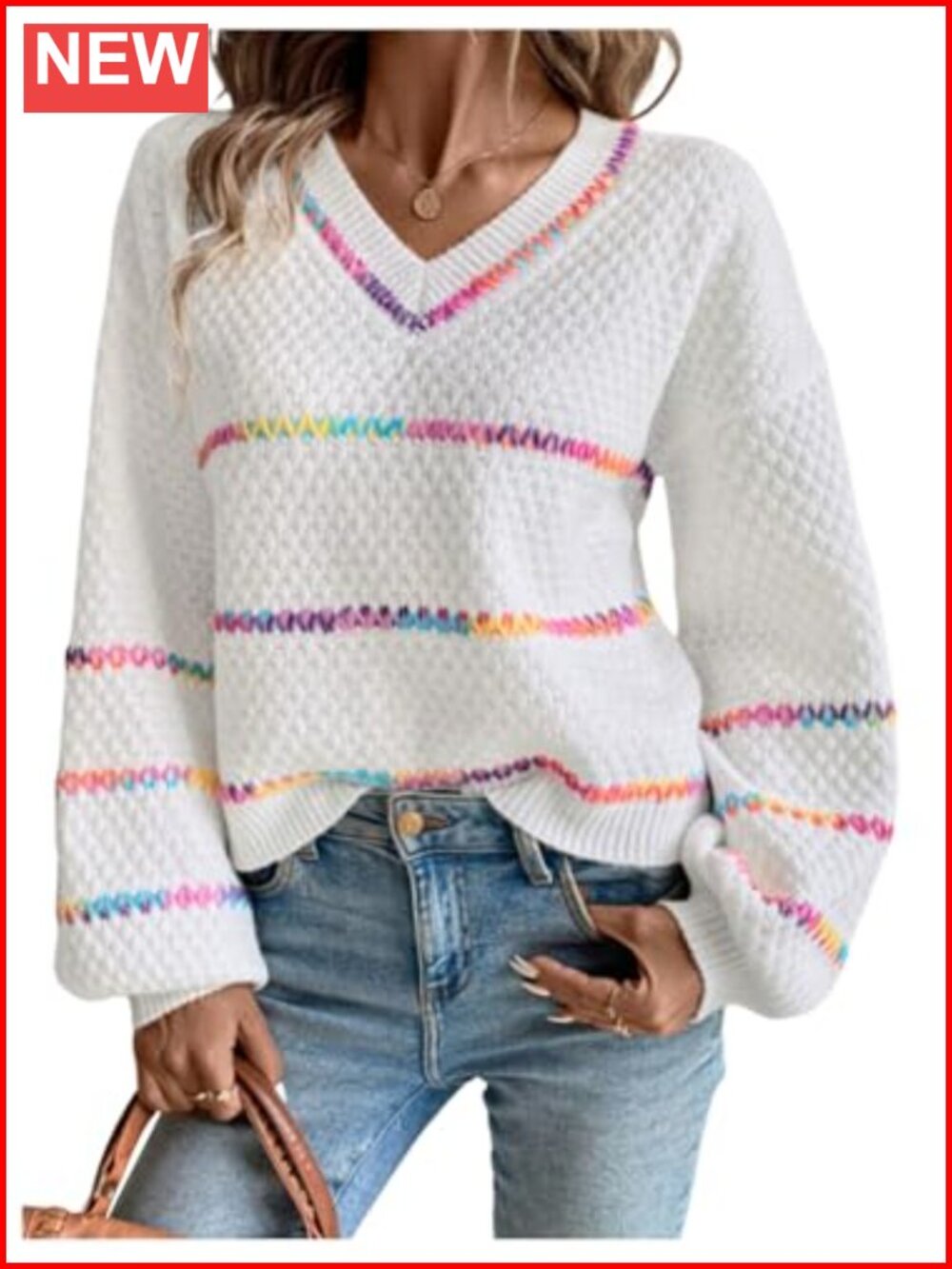 V Neck Striped Oversized Knit Pullover Sweater Cozy Fall Winter